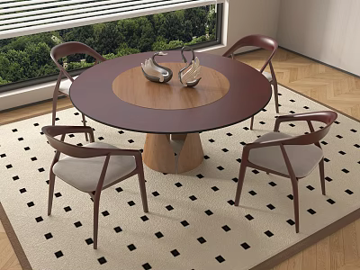 Round Wooden Dining Table Set With Four Gray Cushioned Chairs And Black White Checkered Rug 3d model