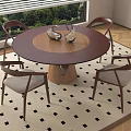 Round Wooden Dining Table Set With Four Gray Cushioned Chairs And Black White Checkered Rug