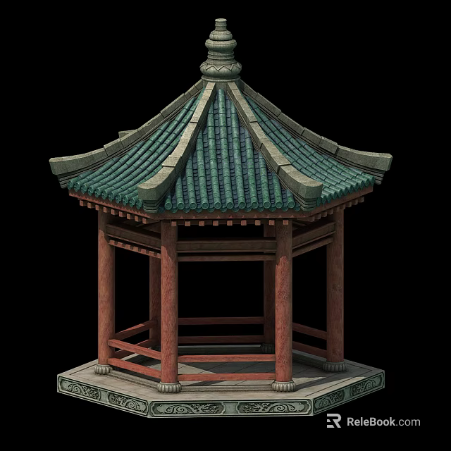 Traditional Chinese Pavilion With Green Tiled Roof Red Pillars Hexagonal Structure And Stone Base 3d model 