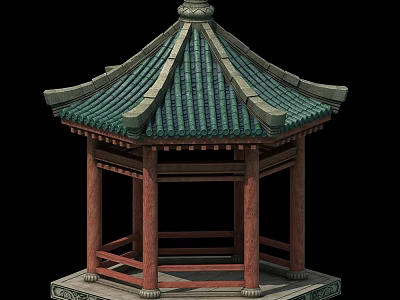 Traditional Chinese Pavilion With Green Tiled Roof Red Pillars Hexagonal Structure And Stone Base 3d model