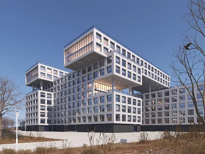 Modern Office Building With Glass Windows Overhanging Sections And Multi Storey Design 3d model