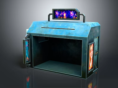 Blue Open Display Shelf With Top Colorful Screen And Side Panels 3d model