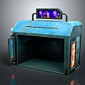 Blue Open Display Shelf With Top Colorful Screen And Side Panels