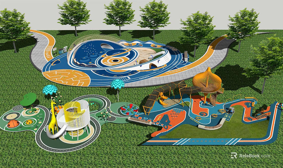 Colorful Outdoor Children's Playground With Slides Climbing Structures And Trees 3d model 