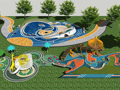 Colorful Outdoor Children's Playground With Slides Climbing Structures And Trees 3d model