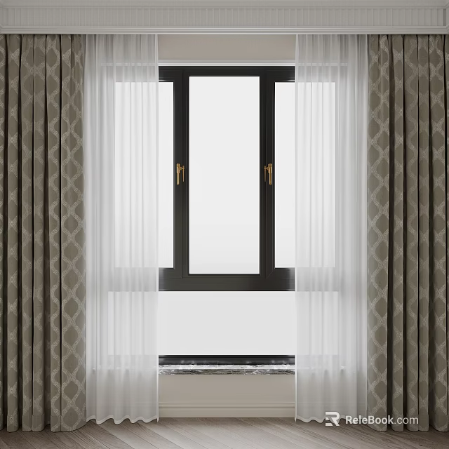 Elegant Layered Curtains Design With Sheer Panels And Textured Drapes For Black Frame Window 3d model 