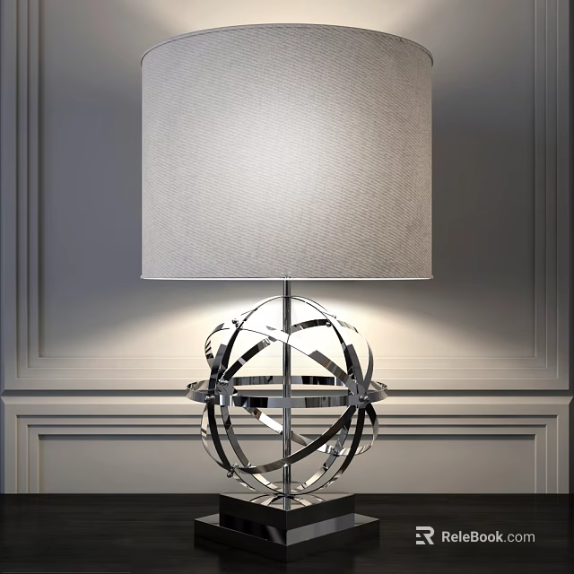 Modern Table Lamp With Square Fabric Shade And Geometric Chrome Metal Base Design 3d model 