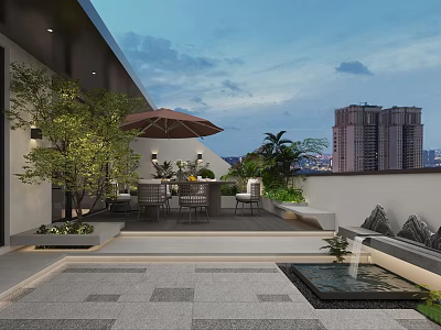 Modern Roof Garden with Outdoor Furniture Umbrella Green Plants City View and Water Fountain 3d model