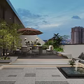Modern Roof Garden with Outdoor Furniture Umbrella Green Plants City View and Water Fountain