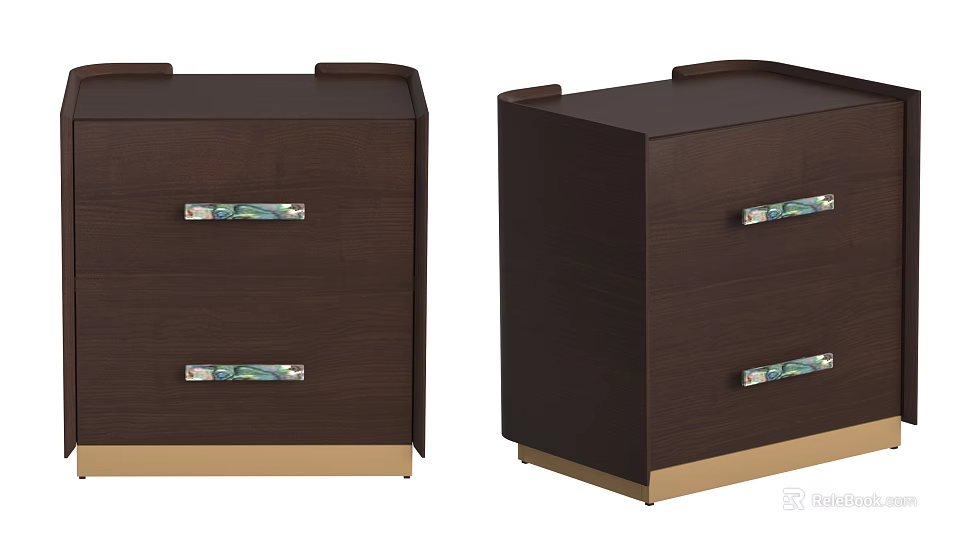 Dark Brown Bedside Tables With Patterned Metal Drawer Handles And Gold Base 3d model
