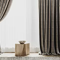 Modern Floor Length Gray Brown Checkered Curtains With Sheer Panel Wooden Table And Plant