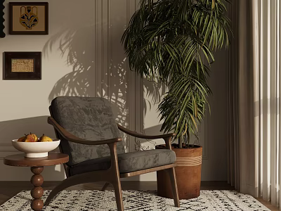 Stylish Accent Chair with Side Table Bowl of Fruits and Tall Green Plant on Rug 3d model