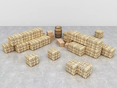 Woven Wooden Crates And Barrel As Garden Decorative Items On Gray Floor 3d model