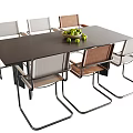 Dining Table Set with Black Tabletop Six Chairs White Brown Frames and Green Fruit Bowl 3d model