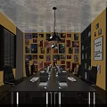 Modern Public Office Space Interior With Long Table Chairs Bookshelves And Wall Art Decor