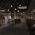 Industrial Style Restaurant Interior With Gray Walls Wooden Tables Hanging Lights And Green Plants