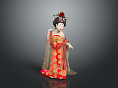 Woman Wearing Traditional Red Gold Patterned Robe With Red Flower Headpiece On Gray Background 3d model