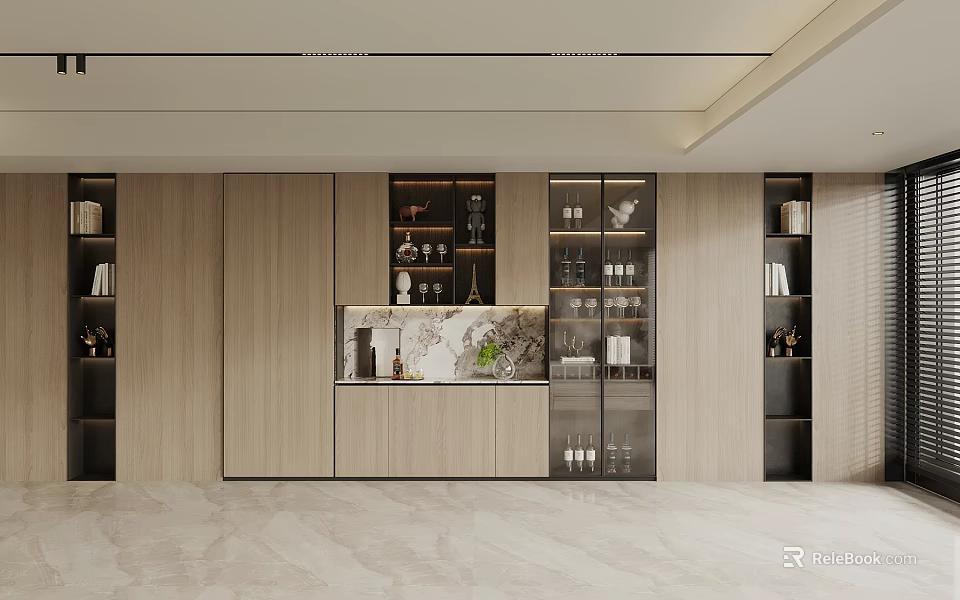Modern Wine Cabinet Interior Design With Wooden Panels Glass Doors And Decorative Wine Bottles 3d model 