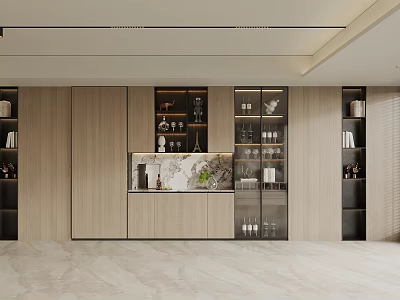 Modern Wine Cabinet Interior Design With Wooden Panels Glass Doors And Decorative Wine Bottles 3d model