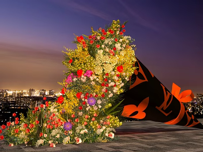Colorful Flower Display With Black Cone Decoration Against City Night Sky Background 3d model