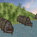 Tranquil Waterfront Bungalows With Thatched Roofs Green Hills And Sunset Sky