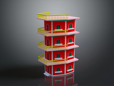 Red Multi Storey Tower Model With Yellow Balcony Railings And Green Windows 3d model