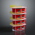 Red Multi Storey Tower Model With Yellow Balcony Railings And Green Windows