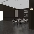 Modern Hotel Public Lounge With Dark Wooden Walls White Tables And Framed Paintings
