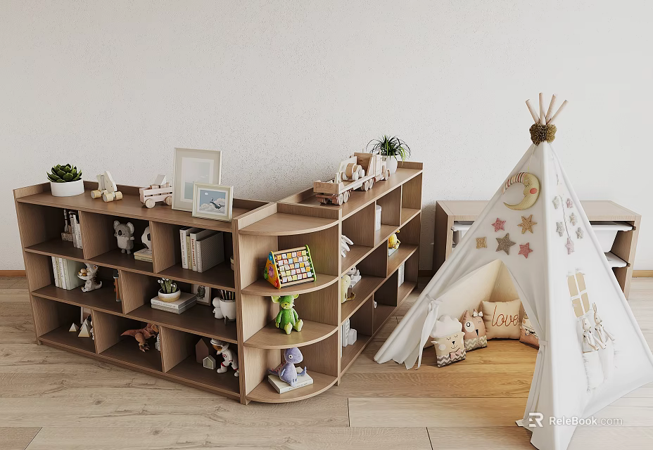 Wooden Bookcase In Kids Room With Toys Books Plants And Teepee 3d model 