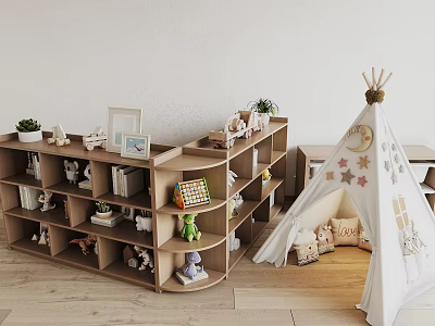 Wooden Bookcase In Kids Room With Toys Books Plants And Teepee 3d model