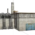 Industrial Factory Building With Concrete Walls Tall Chimney Metal Windows And Rusted Doors