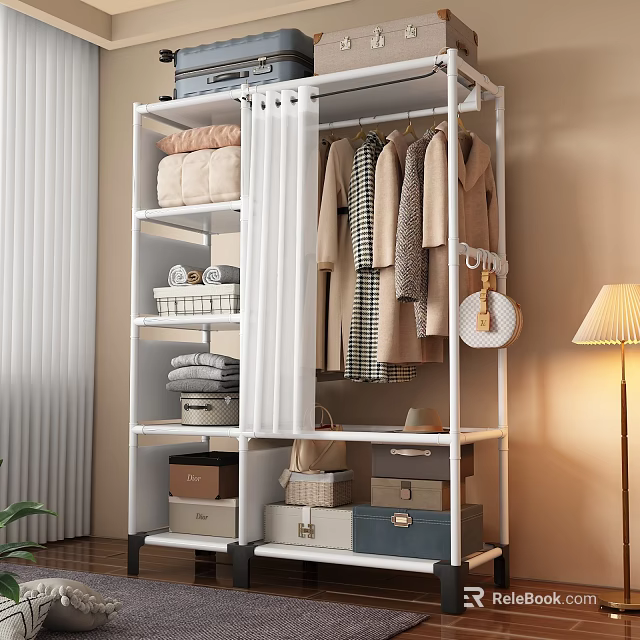 Modern Open Wardrobe With Multiple Shelves Hanging Space And Storage Bins For Organizing Clothing 3d model 