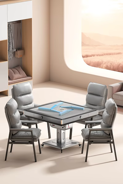 Modern Gray Mahjong Table Set With Four Chairs In Indoor Living Room 3d model