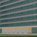 Modern Multi Story Office Building With Glass Curtain Wall And Green Lawn Under Blue Sky