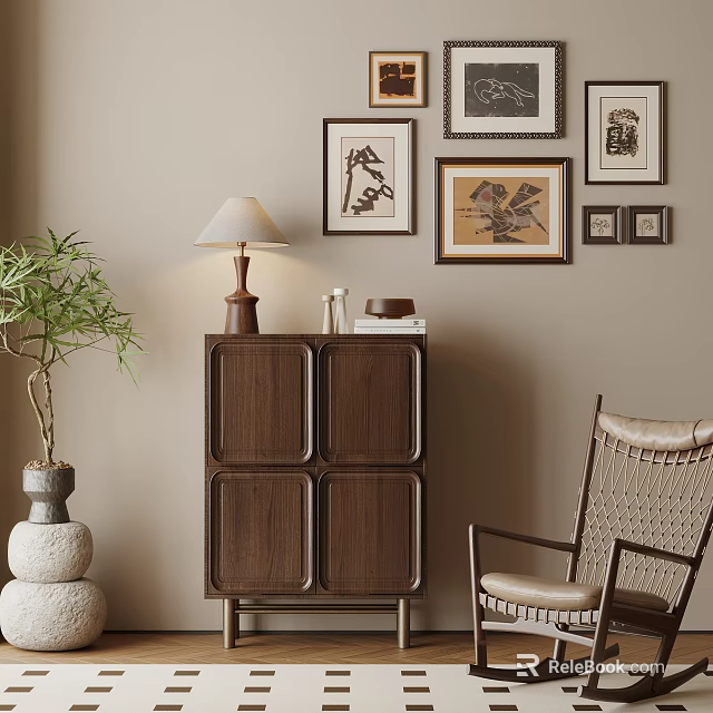 Stylish Entryway Console Side Cabinet with Walnut Lamp Plant Wall Frames and Wicker Chair 3d model 