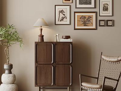 Stylish Entryway Console Side Cabinet with Walnut Lamp Plant Wall Frames and Wicker Chair 3d model