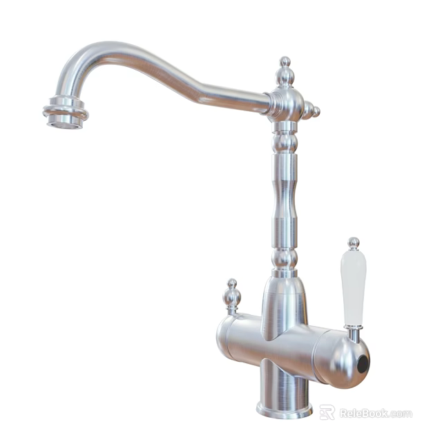 Tall Silver Kitchen Faucet with Decorative Spout and Vintage Handle Details 3d model 