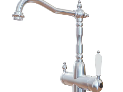 Tall Silver Kitchen Faucet with Decorative Spout and Vintage Handle Details 3d model