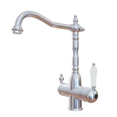 Tall Silver Kitchen Faucet with Decorative Spout and Vintage Handle Details 3d model