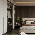Modern Bedroom Interior Design With Wooden Wall White Bed Pillows And Floor to Ceiling Windows
