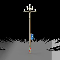Outdoor Street Light with Multiple White Bulbs on Golden Pole and Blue Sign Decorations