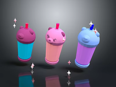 Three Colorful Animal Shaped Drink Cups With Straws And Sparkling Stars 3d model