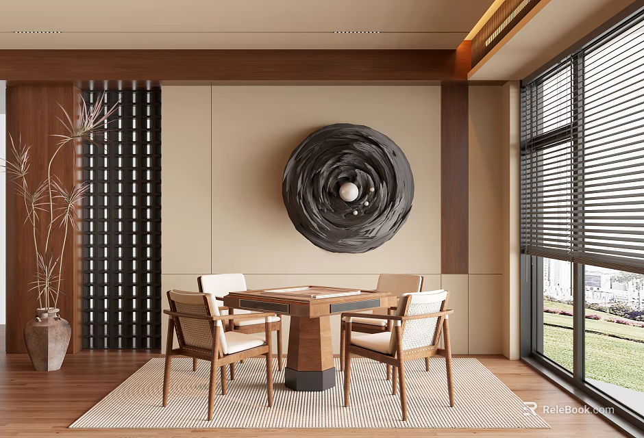 Modern Game Room With Mahjong Table Wooden Chairs And Art Decor 3d model 