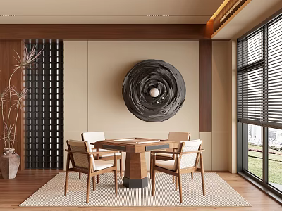 Modern Game Room With Mahjong Table Wooden Chairs And Art Decor 3d model
