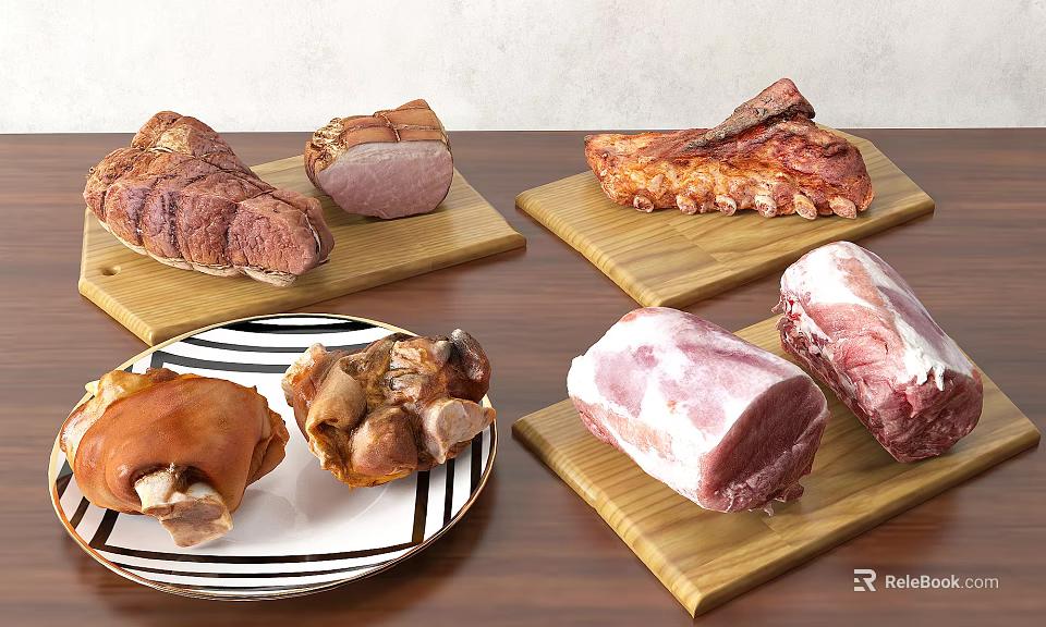 Assorted Raw and Cooked Meat Cuts on Wooden Cutting Boards and Plates 3d model 