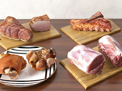 Assorted Raw and Cooked Meat Cuts on Wooden Cutting Boards and Plates 3d model