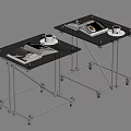 Modern Side Tables With Metal Frame Wheels Magazines And Coffee Cups 3d model