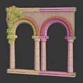 Stone Archway Structure With Three Arches Columns Green Vines And Blue Flowers