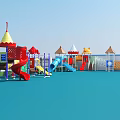 Colorful Playground Equipment With Slides Climbing Frames Swings And Blue Flooring