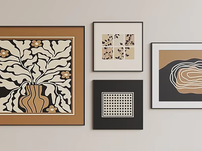 Framed Abstract Paintings Wall Display With Brown Beige Leaf Pattern Geometric Grid And Curved Lines 3d model